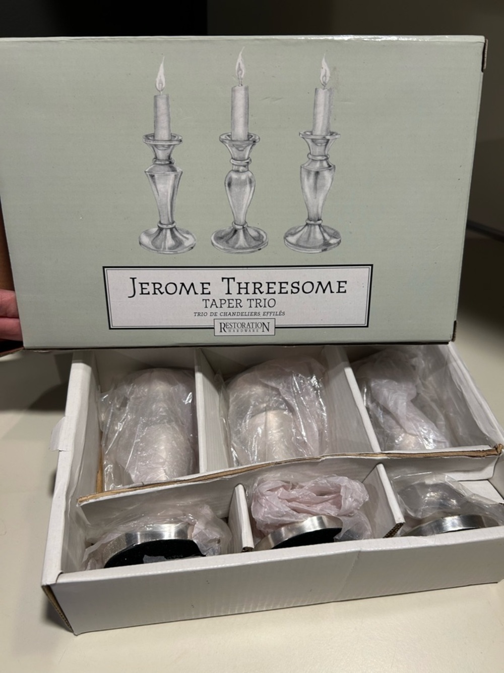 Restoration Hardware Silver Jerome Threesome Taper Trio Candlesticks